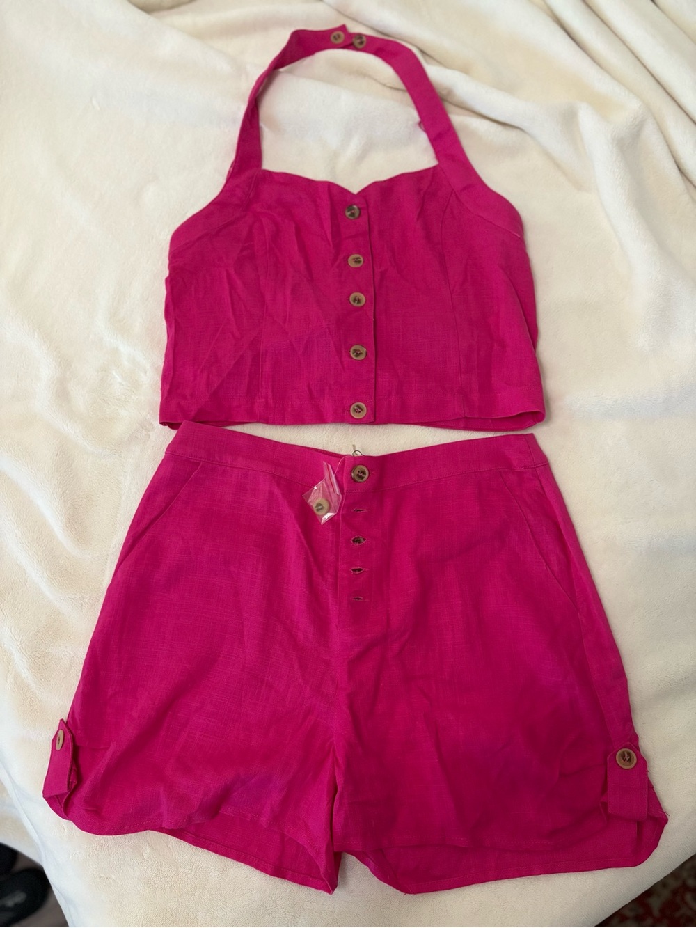 Moon River Fuchsia Pink Two-Piece Halter Crop Top & High-Waist Shorts